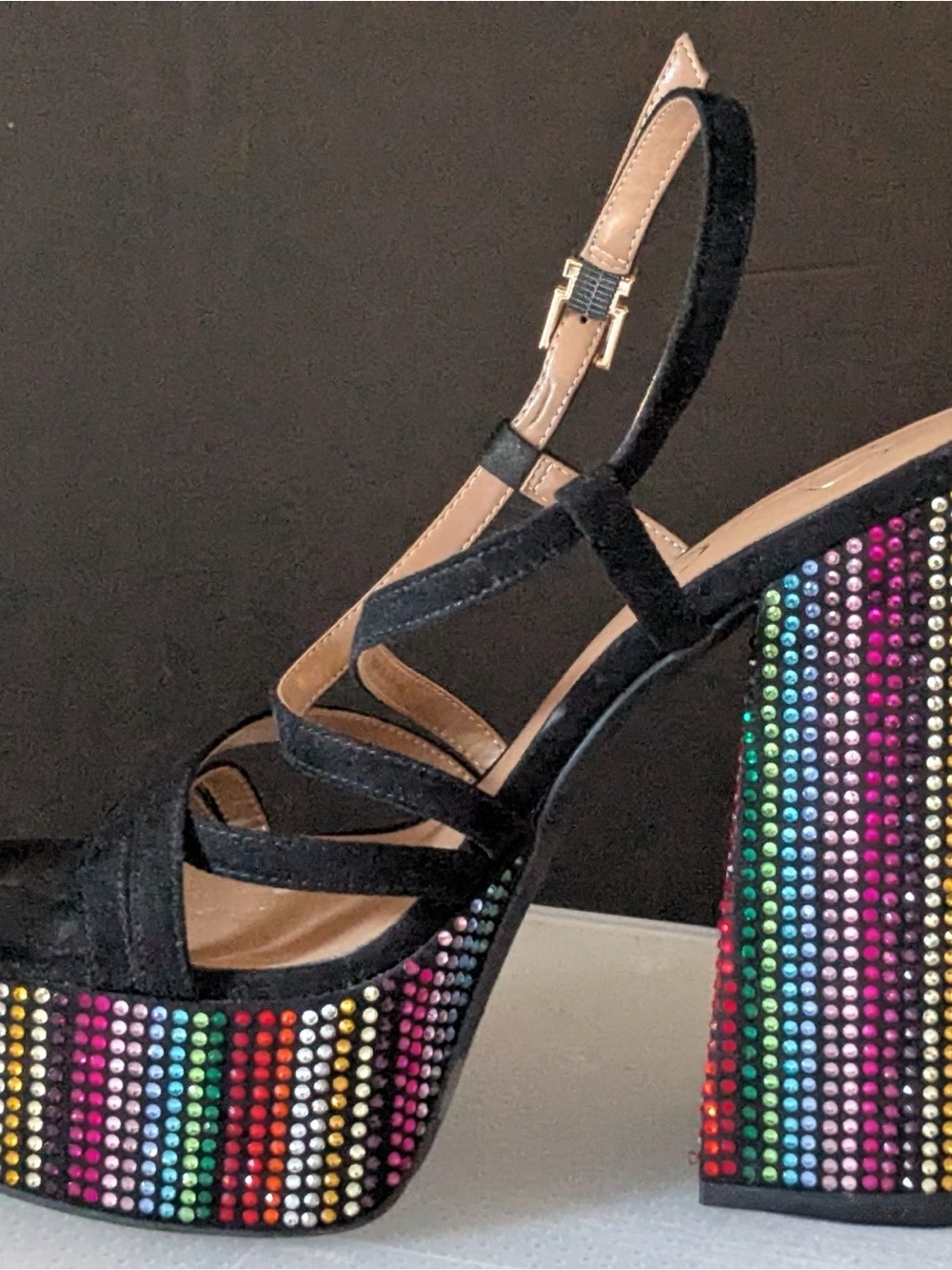 Jessica Simpson Black Suede Platform Sandals with Multicolor Crystal Heel